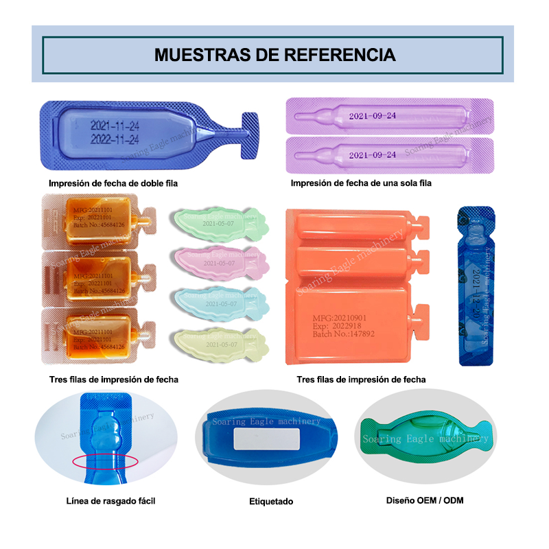 Máquina automática de llenado y embalaje sellado de ampollas de plástico en miniatura de dosis única de líquido en forma de botella de plástico