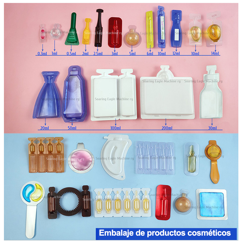 Máquina automática de llenado y embalaje sellado de ampollas de plástico en miniatura de dosis única de líquido en forma de botella de plástico