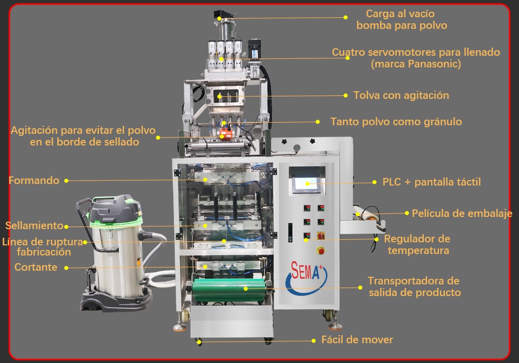 Máquina de embalaje multicapa de 4 pastillas de polvo de proteína de Lactoferrina de azúcar de café en polvo totalmente automática