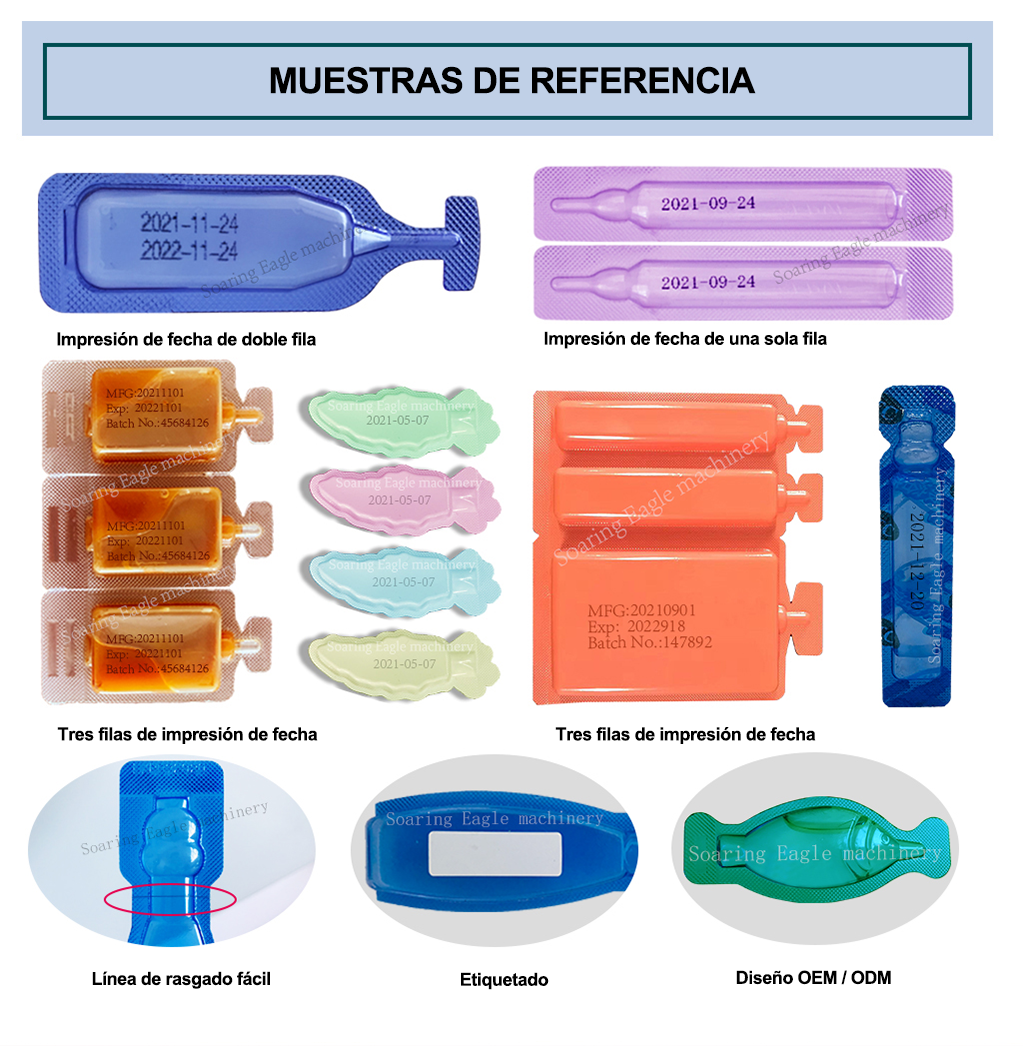 Máquina automática de llenado y embalaje sellado de ampollas de plástico en miniatura de dosis única de líquido en forma de botella de plástico