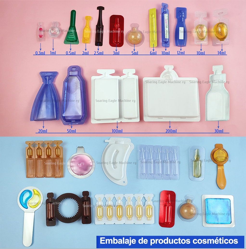 Máquina automática de llenado y embalaje sellado de ampollas de plástico en miniatura de dosis única de líquido en forma de botella de plástico