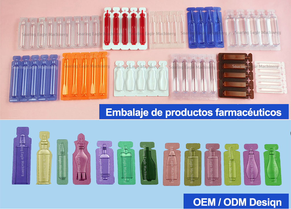 Máquina automática de llenado y embalaje sellado de ampollas de plástico en miniatura de dosis única de líquido en forma de botella de plástico