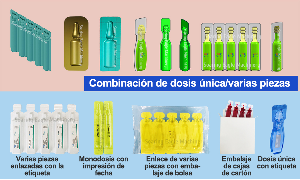 Máquina automática de llenado y embalaje sellado de ampollas de plástico en miniatura de dosis única de líquido en forma de botella de plástico