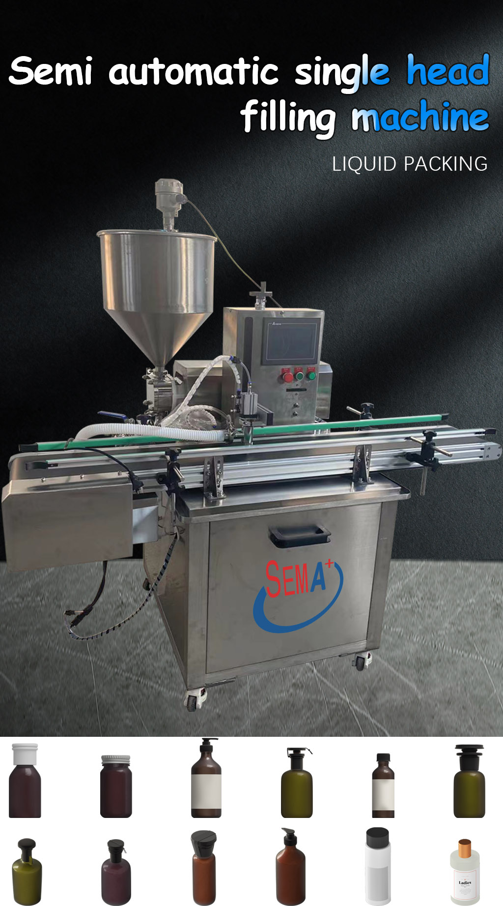 Máquina llenadora semiautomática de un solo cabezal